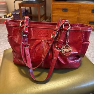 Coach authentic red patent leather tote F13761 pleated gallery bag